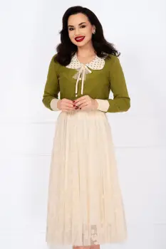 Pulover din tricot verde Petra cu guler cu buline si brosa detasabila imagine