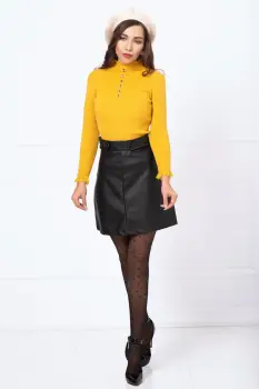 Pulover elegant mustar din tricot cu dantela la guler si mansete imagine