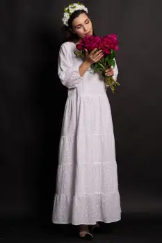 Rochie alba de vara din bumbac Annabel cu broderie englezeasca imagine