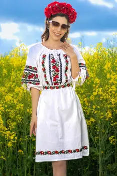 Rochie alba traditionala Crista din bumbac cu simbolul trandafirului imagine