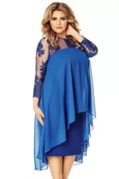 Rochie albastra de ocazie lejera cu voal asimetric si maneca din tul brodat imagine