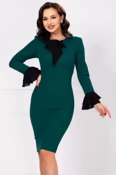 Rochie conica Mary office verde cu mansete negre si funda imagine