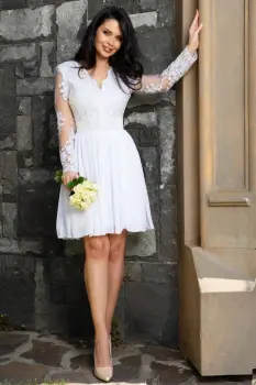 Rochie de cununie alba Destiny baby doll cu bust si maneci brodate imagine