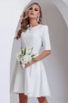 Rochie de cununie Fofy cu dantela brodata pe bust si brosa din cristale imagine