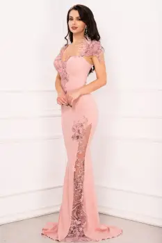 Rochie de lux sirena Esther rose cu flori brodate cu paiete si fulgi imagine