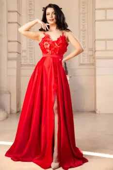 Rochie de nasa Abigail rosie tip printesa din tafta cu flori 3D imagine