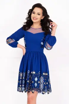 Rochie de ocazie albastra in clos cu broderie geometrica imagine