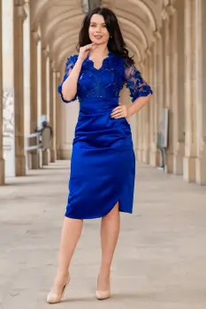 Rochie de ocazie conica albastra Catlyn cu bust din flori brodate imagine