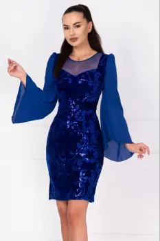 Rochie de ocazie din catifea albastra Celine cu maneci din voal si model paietat imagine