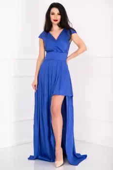 Rochie de ocazie dungata albastra cu decupaj pe picior imagine