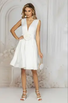 Rochie de ocazie eleganta ecru in clos cu floare in talie imagine