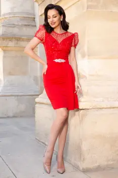 Rochie de ocazie eleganta rosie Angie cu paiete si trena pe o parte imagine