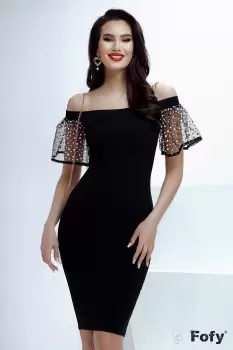 Rochie de ocazie Fofy neagra pe umeri cu maneci tip volan cu glitter imagine