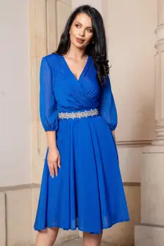 Rochie de ocazie in clos albastra Romina cu cordon stralucitor in talie imagine