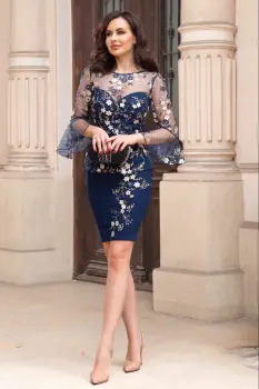 Rochie de ocazie midi bleumarin Leticia cu peplum si broderie florala imagine