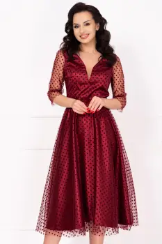 Rochie de ocazie midi bordo in clos Eufrenia din tulle cu buline imagine