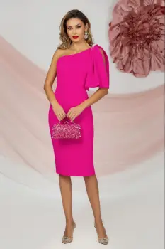 Rochie de ocazie midi fuchsia cu umar gol si funda accesorizata cu strassuri imagine