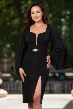 Rochie de ocazie midi neagra Chiara cu maneci din voal imagine