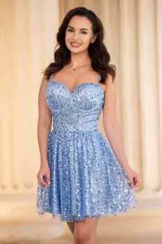 Rochie de ocazie mini bleu in clos decorata cu paiete imagine