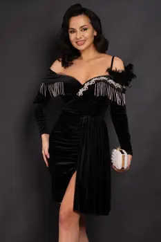 Rochie de ocazie neagra Alizee din catifea cu strassuri argintii imagine