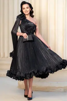 Rochie de ocazie neagra eleganta Caroline midi din voal peliculizat plisat imagine