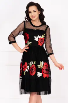 Rochie de ocazie neagra midi Andrada cu broderie florala imagine