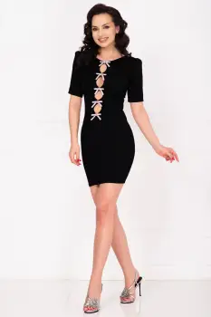 Rochie de ocazie neagra scurta Loris cu fundite argintii imagine