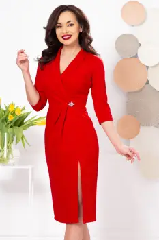 Rochie de ocazie rosie conica cu maneci trei sferturi si revere imagine