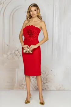 Rochie de ocazie rosie eleganta conica cu floare maxi 3D imagine