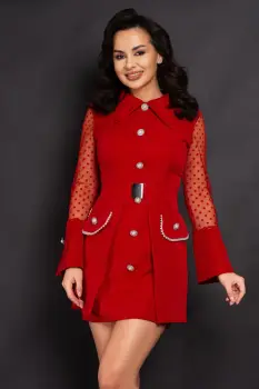 Rochie de ocazie rosie Naomi cu nasturi pretiosi si fusta detasabila imagine