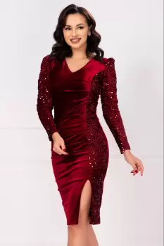 Rochie de ocazie Sammy bordo cu fronseuri si paiete pe o parte imagine