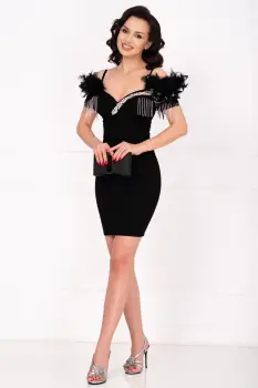 Rochie de ocazie scurta neagra Mercia decorata cu strassuri si fulgi imagine