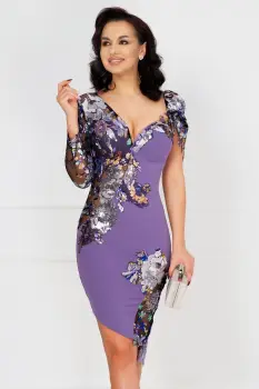 Rochie de seara Adelina lila asimetrica cu flori pastelate si paiete imagine