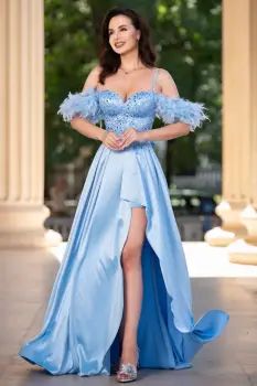 Rochie de seara bleu Valeria din tafta cu paiete si fulgi imagine