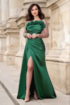 Rochie de seara din tafta Calliope verde cu flori de bujor 3D imagine
