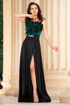 Rochie de seara din tafta Giuliana cu bust decorat cu pene turquoise imagine