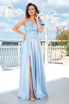 Rochie de seara eleganta bleu lunga Ellis cu funda pe umar imagine