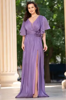 Rochie de seara eleganta Fausta lila cu maneci fluture si floare 3D imagine