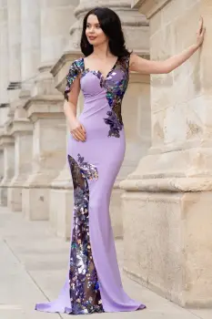 Rochie de seara eleganta Kany lavanda cu model din paiete si flori pastelate imagine