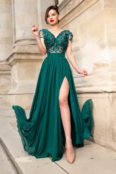 Rochie de seara eleganta Larissa verde din voal cu flori 3D imagine