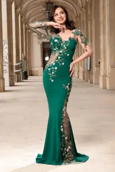 Rochie de seara eleganta lunga verde Anelisse tip sirena cu flori de cires brodate imagine