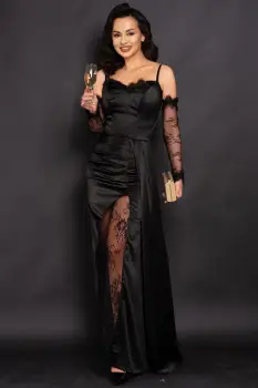 Rochie de seara eleganta neagra din satin Teresa cu insertii din dantela imagine