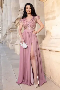 Rochie de seara eleganta rose Larissa din voal cu flori 3D imagine