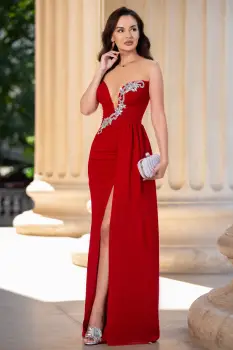 Rochie de seara eleganta rosie cu trena pe o parte si model din strassuri imagine