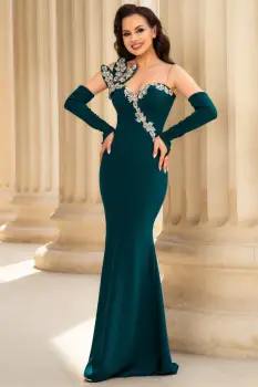 Rochie de seara eleganta verde Lorenza cu aplicatii pretioase argintii imagine