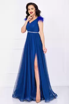 Rochie de seara Gratiela albastru royal cu perle in talie si accesoriu tip fulgi imagine