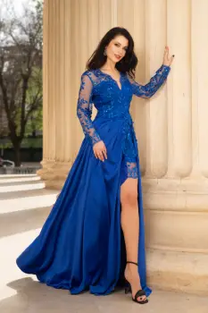 Rochie de seara Ivette albastru-royal din dantela si fusta din tafta imagine