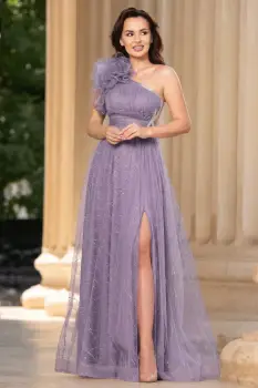 Rochie de seara lila Clio din tulle brodat cu floare 3D pe umar si strassuri imagine
