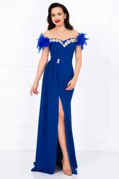 Rochie de seara lunga albastra tip sirena Alissa cu fulgi si trena imagine