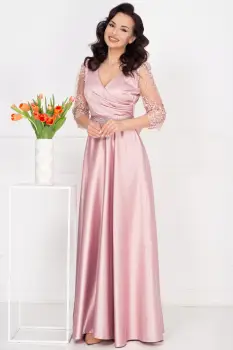 Rochie de seara lunga Giorgia roz din tafta cu maneci brodate imagine